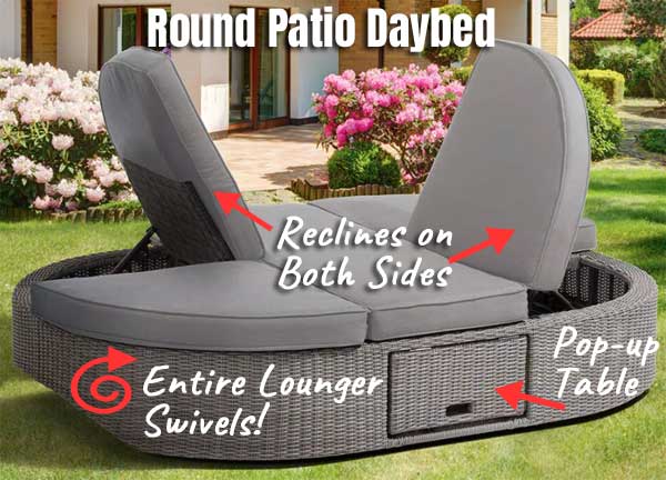 Sandra Round Patio Daybed with Pop-up Tables, Reclines on Both Ends & Entire Double Lounger Swivels