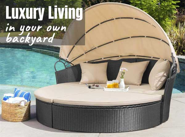 Tangkula Round Outdoor Daybed with Retractable Shade Canopy